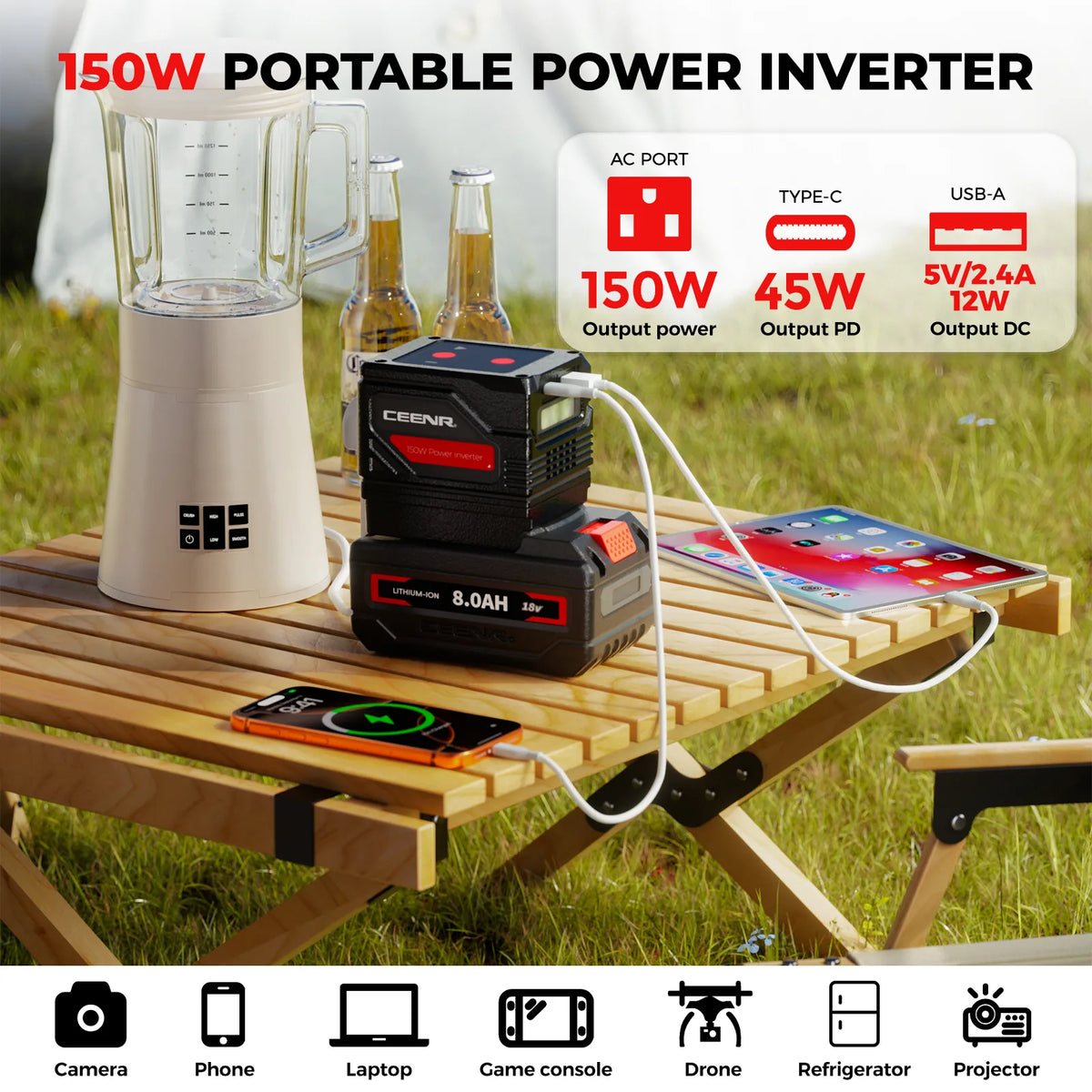 CEENR 150W tragbarer Wechselrichter für Bosch 18V Li-Ion Akkus
