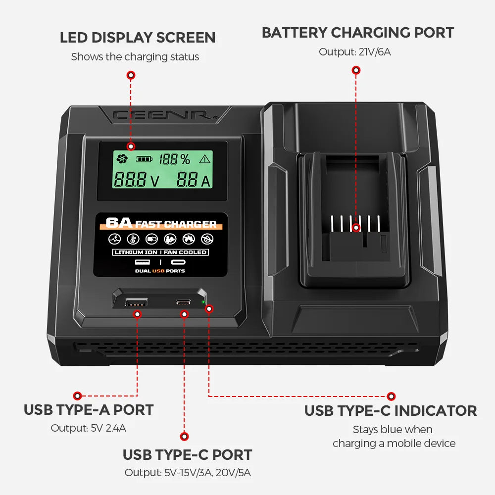 CEENR 6-Ampere-Schnellladegerät für Worx 20V Max Lithium-Ionen-Akkus WA3520