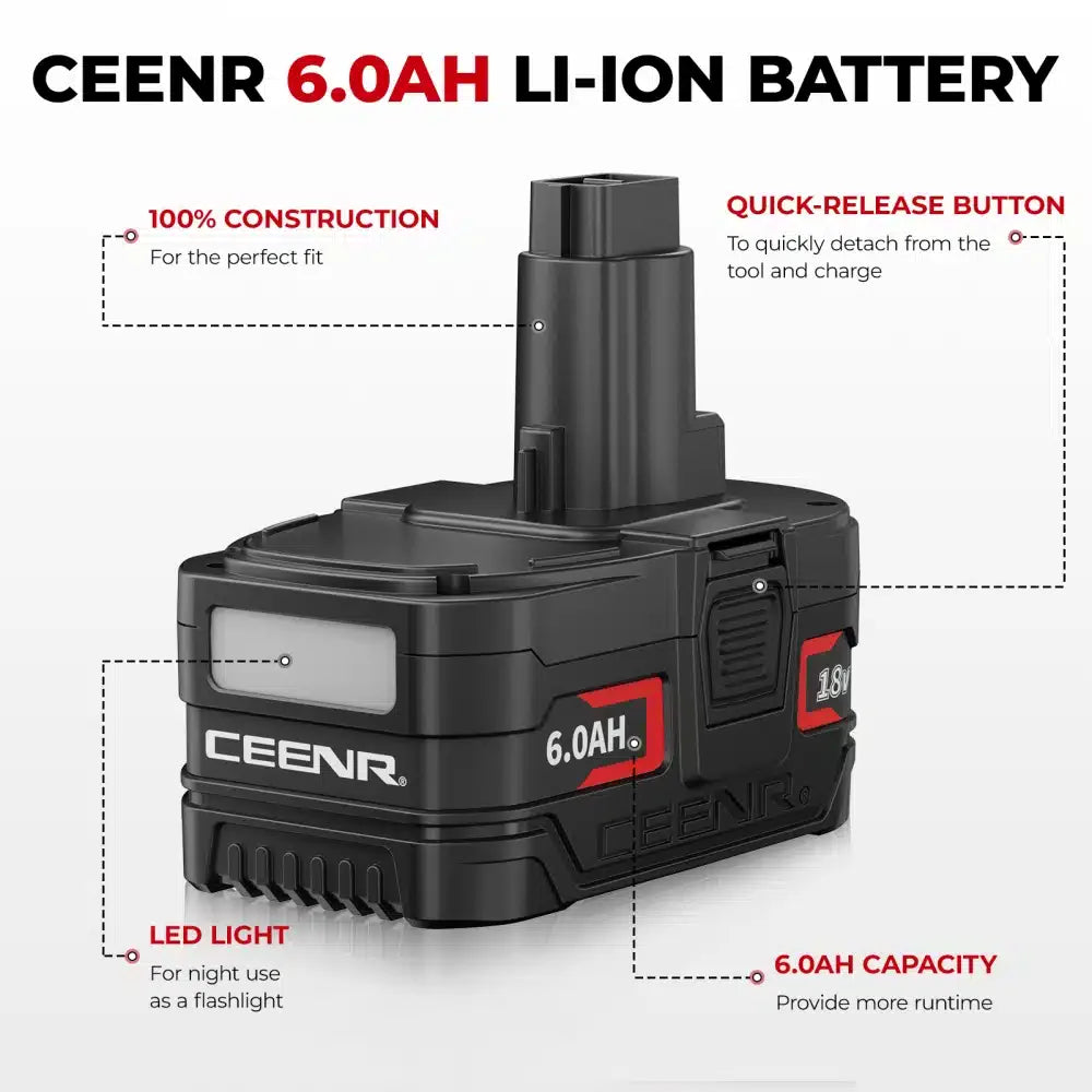 CEENR 6,0Ah Akku für DeWalt 18V | Ersatz für Modell DC9096