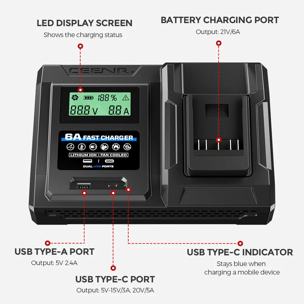 CEENR 6-Ampere-Schnellladegerät für Bosch 18V Lithium-Ionen-Akkus
