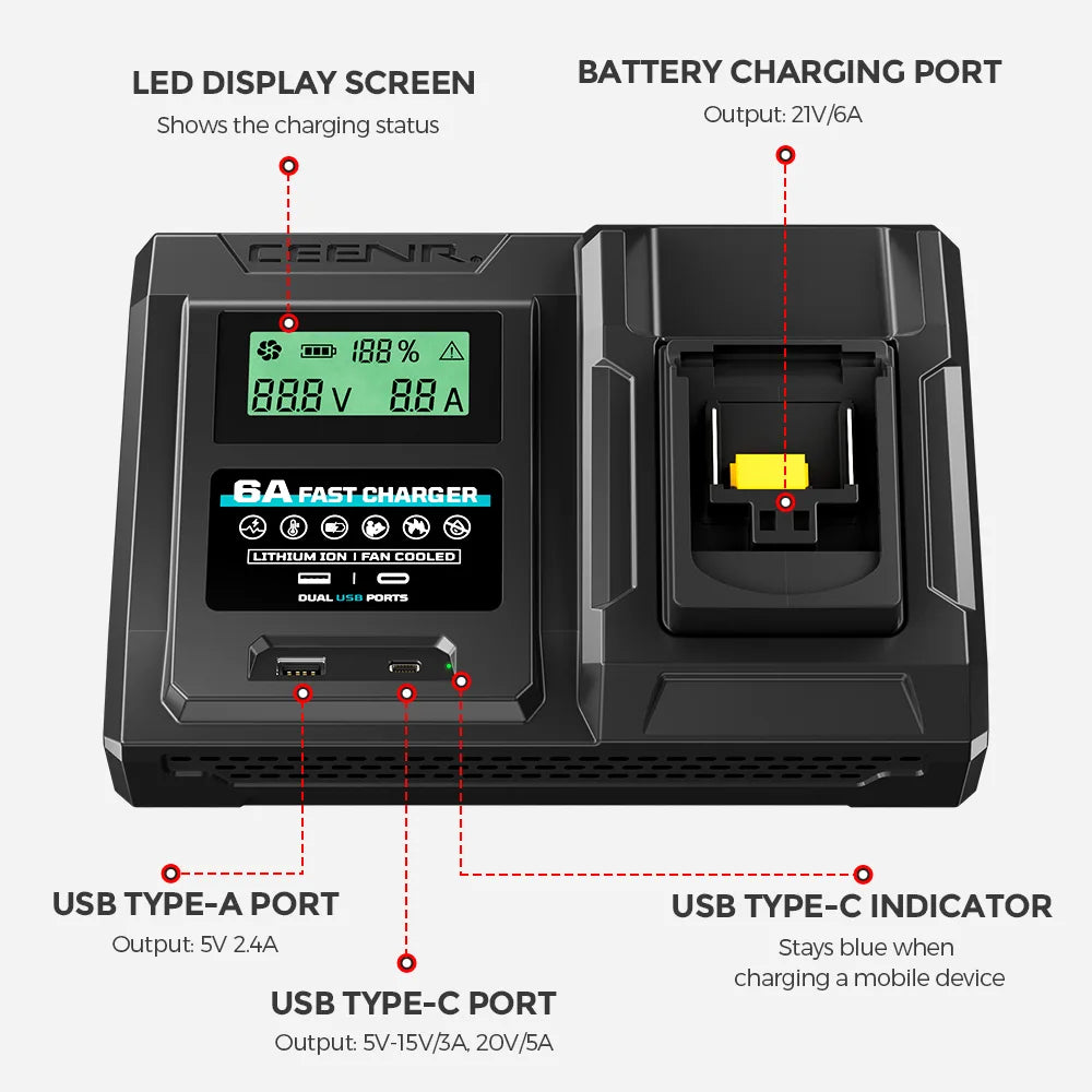 CEENR 6-Ampere-Schnellladegerät für Makita 18V Lithium-Ionen-Akkus