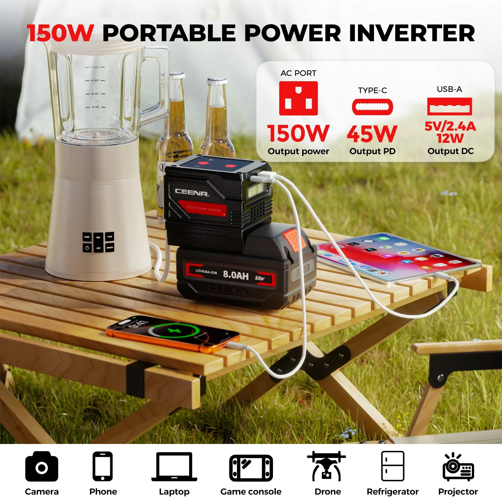 CEENR 150W tragbarer Wechselrichter für Milwaukee 18V Li-Ion Akkus