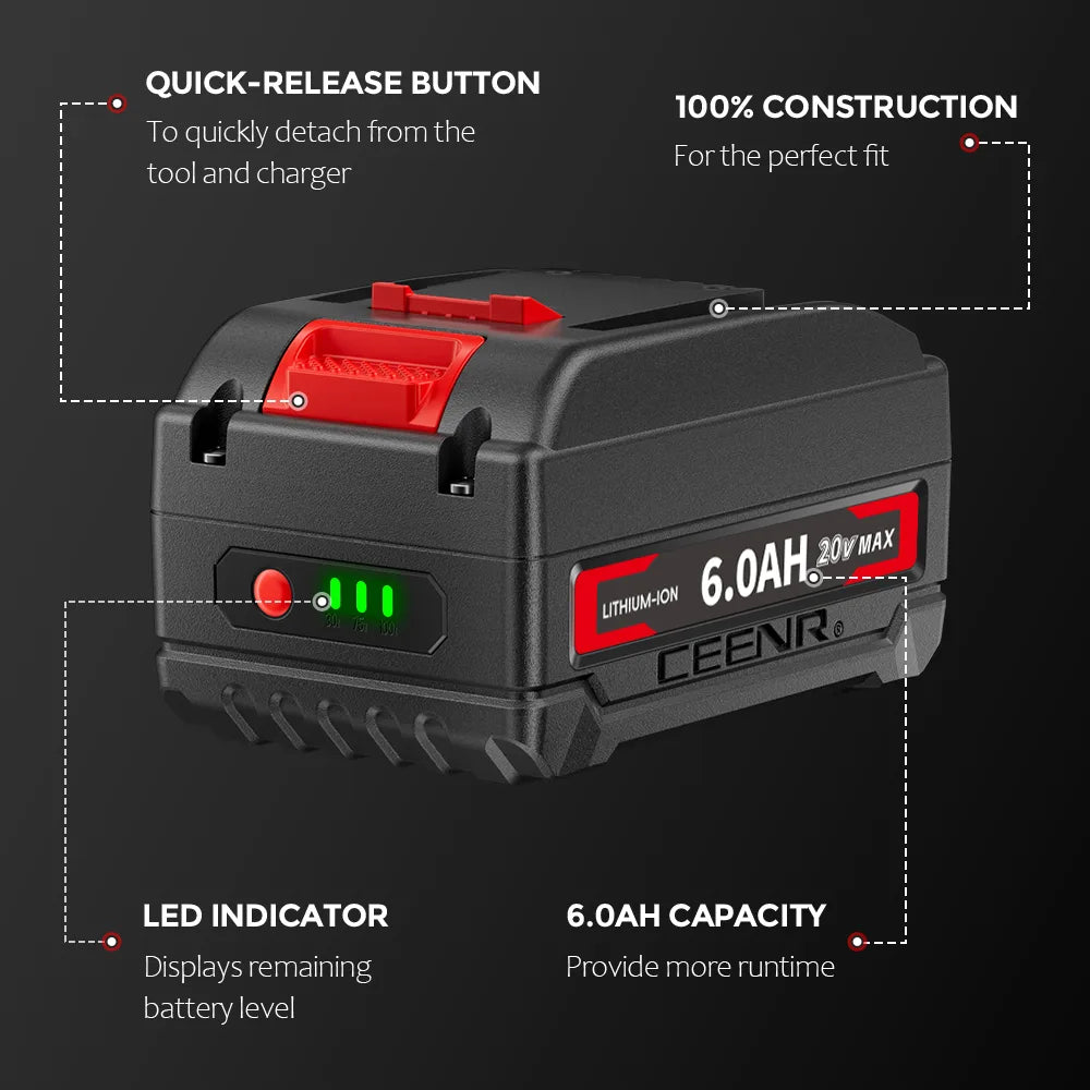 CEENR 6,0Ah Akku für Worx 18V (20V Max) | Modell WA3520