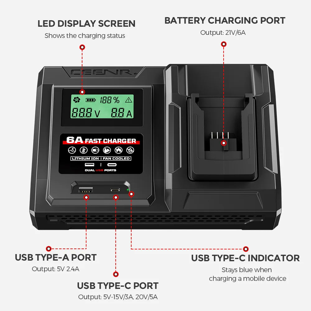 CEENR 6-Ampere-Schnellladegerät für Milwaukee 18V Lithium-Ionen-Akkus