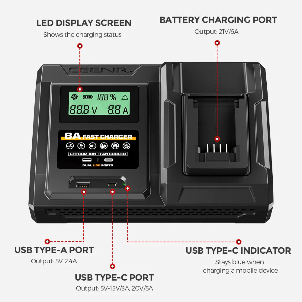CEENR 6-Ampere-Schnellladegerät für BLACK+DECKER 20V Max Lithium-Ionen-Akkus