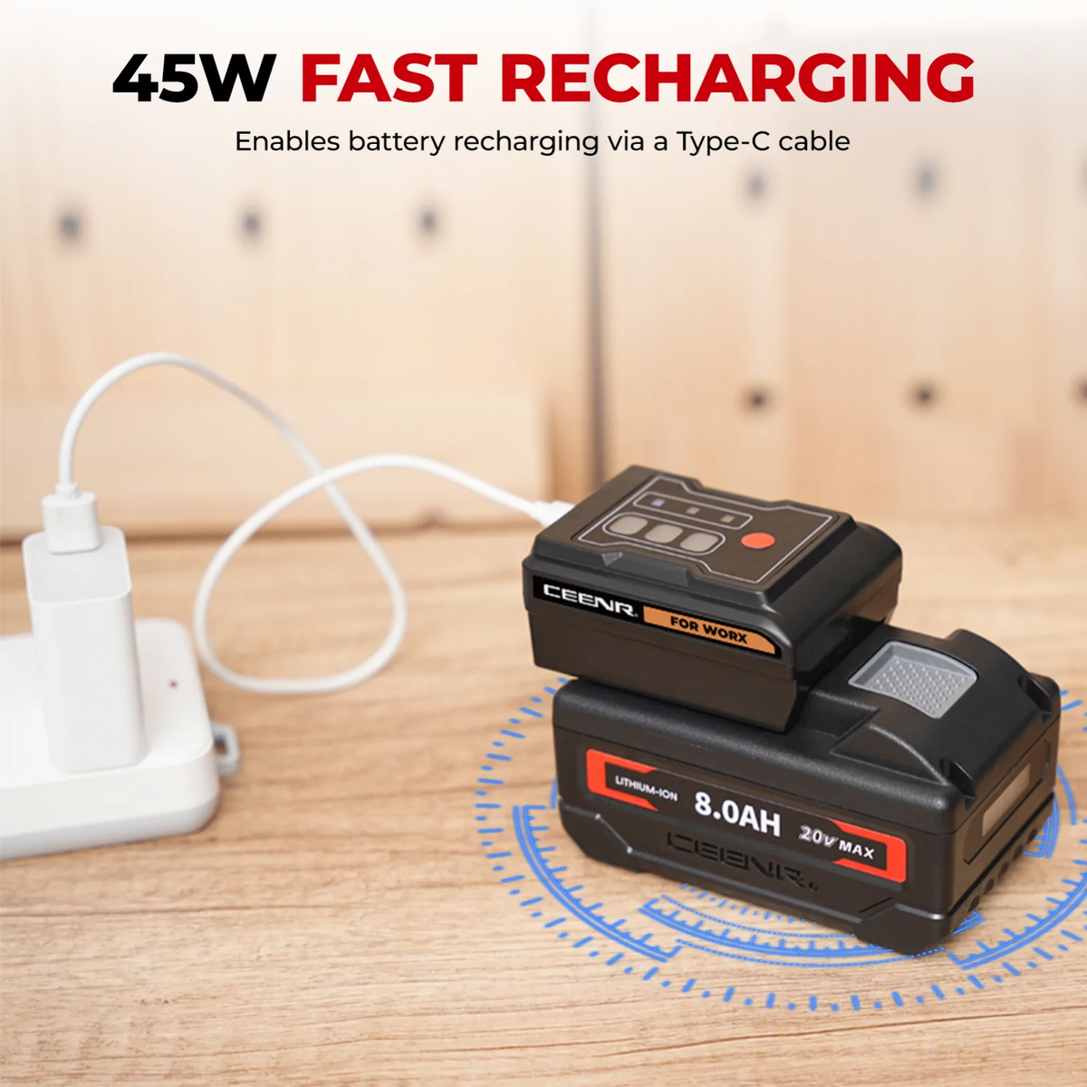 CEENR 45W USB-C-Powerbank-Adapter für Worx 20V WA3551 Akkus