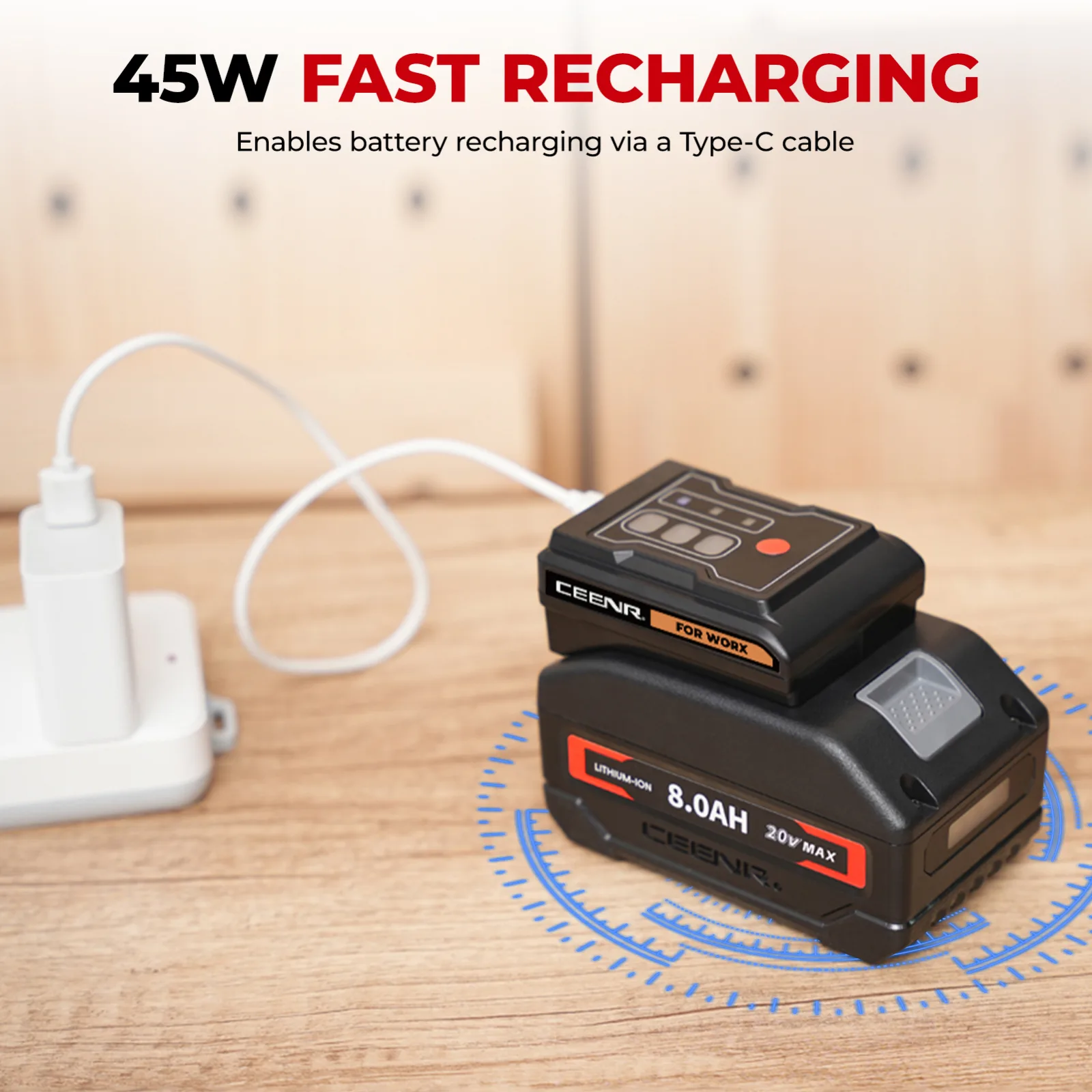 CEENR 45W USB-C-Powerbank-Adapter für Worx 20V WA3520 Akkus