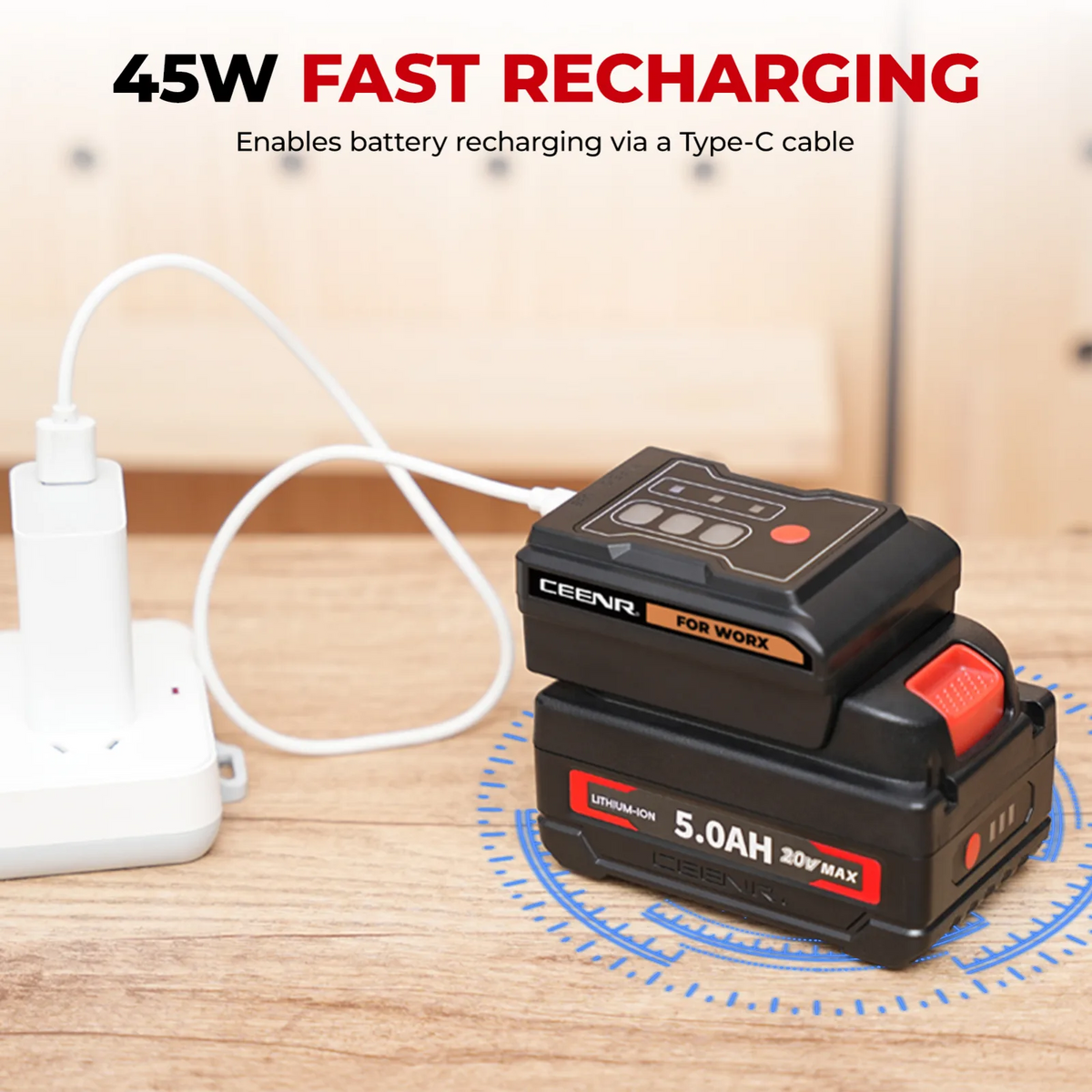 CEENR 45W USB-C-Powerbank-Adapter für Worx 20V WA3408 Akkus