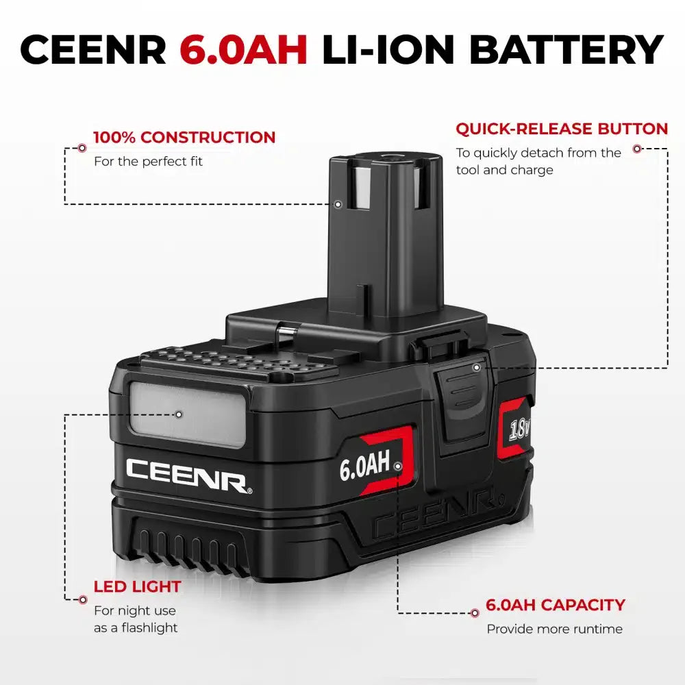 CEENR 6,0Ah Akku für Ryobi 18V | Ersatz für Modell P108
