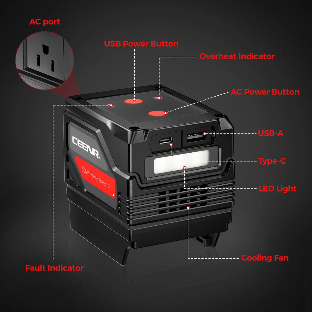 CEENR 150W tragbarer Wechselrichter für BLACK+DECKER 20V Max Akkus