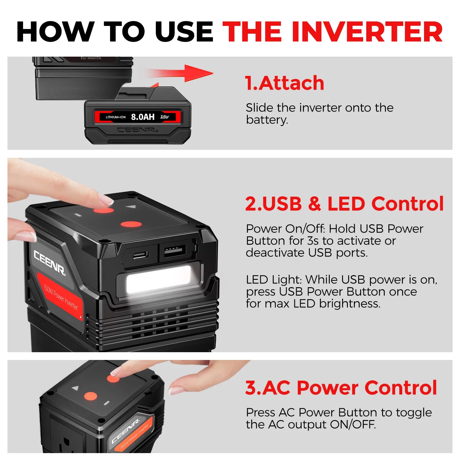 CEENR 150W tragbarer Wechselrichter für Bosch 18V Li-Ion Akkus
