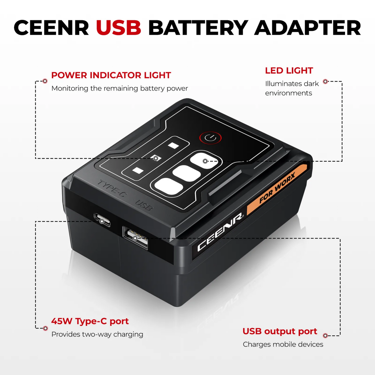 CEENR 45W USB-C-Powerbank-Adapter für Worx 20V WA3551 Akkus