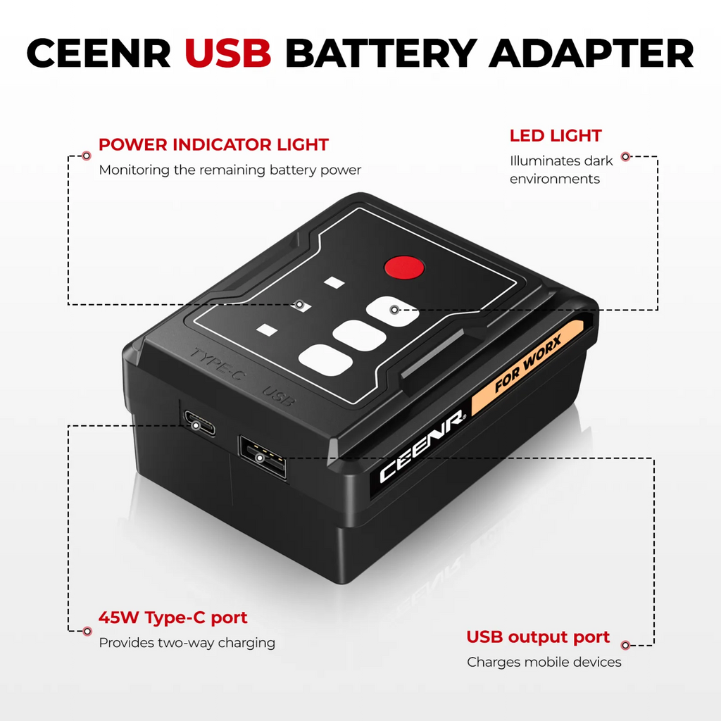 CEENR 45W USB-C-Powerbank-Adapter für Worx 20V WA3408 Akkus