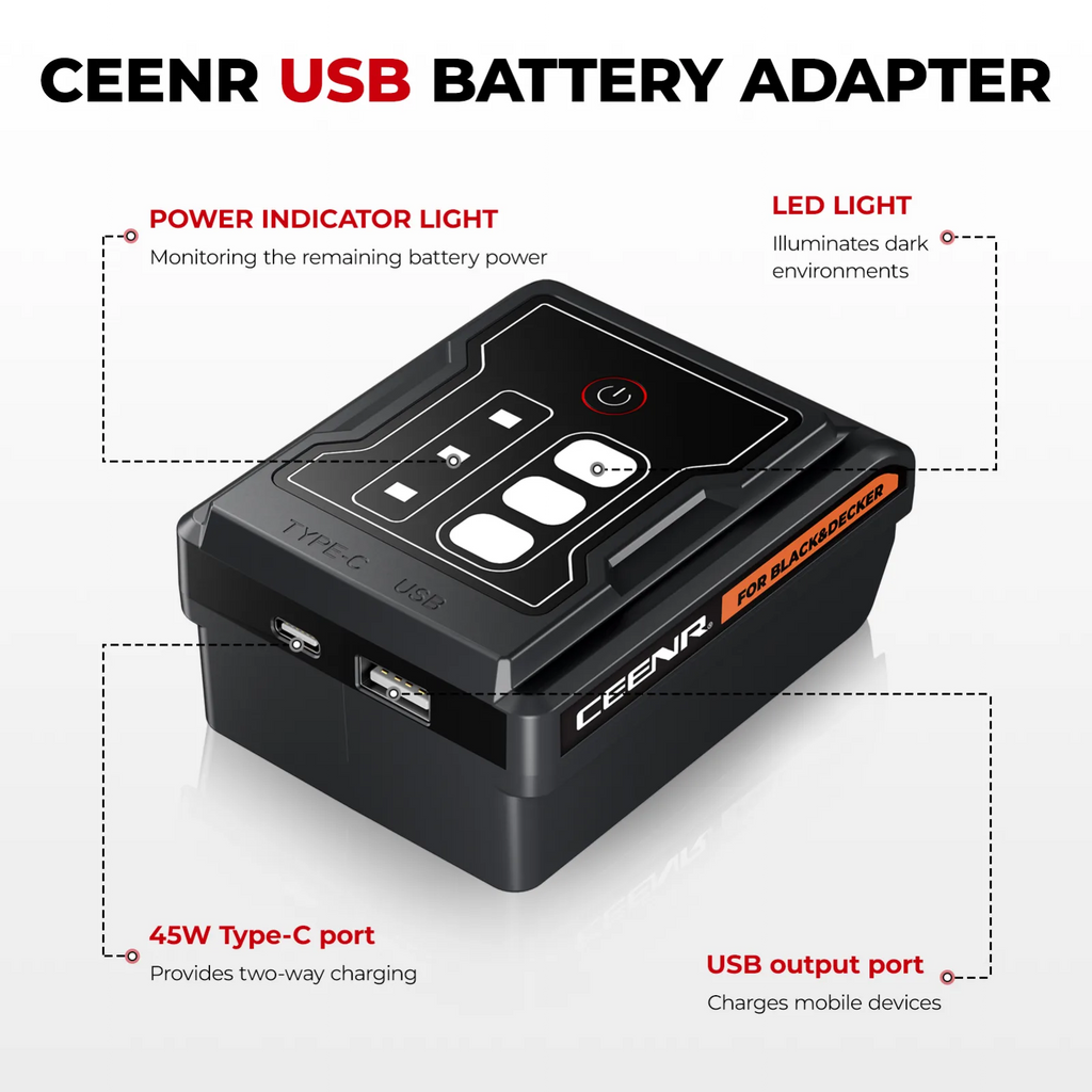CEENR 45W USB-C-Powerbank-Adapter für BLACK+DECKER 20V Max Akkus