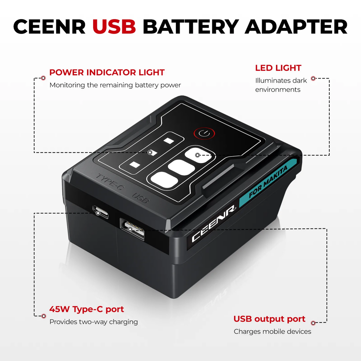 CEENR 45W USB-C-Powerbank-Adapter für Makita 18V Akkus